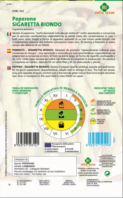 Pimiento - Pepper Sigaretta Biondo - Royal Seed /RYMO 97/16 - COD.312 Garden Plus