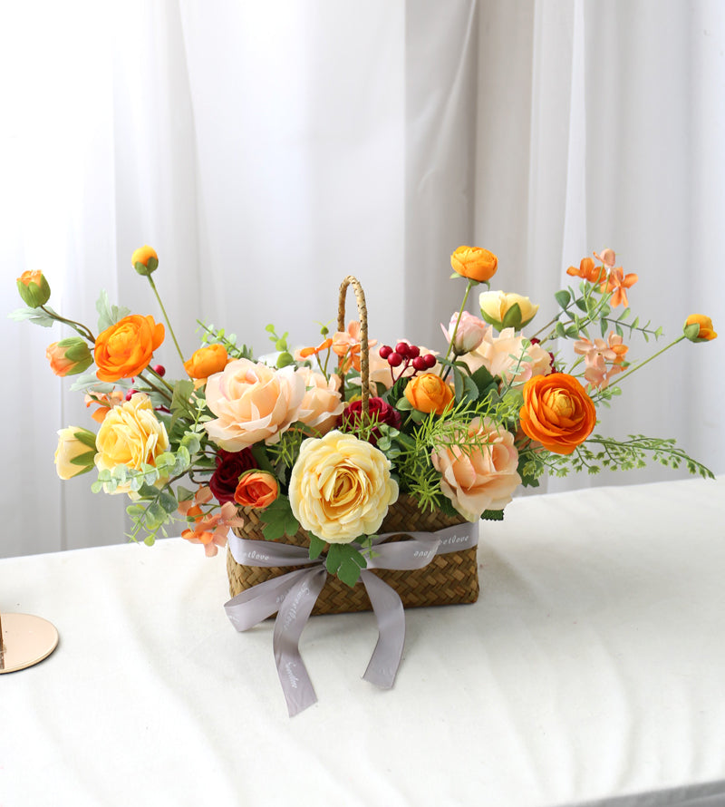 Portable Flower Rattan Basket Simulation Silk Flower Decoration Piece