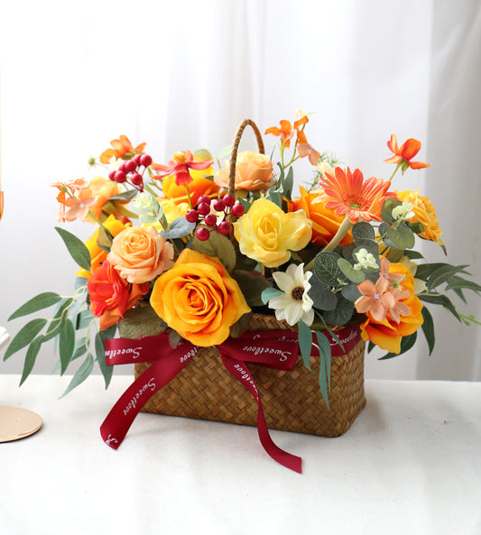 Portable Flower Rattan Basket Simulation Silk Flower Decoration Piece