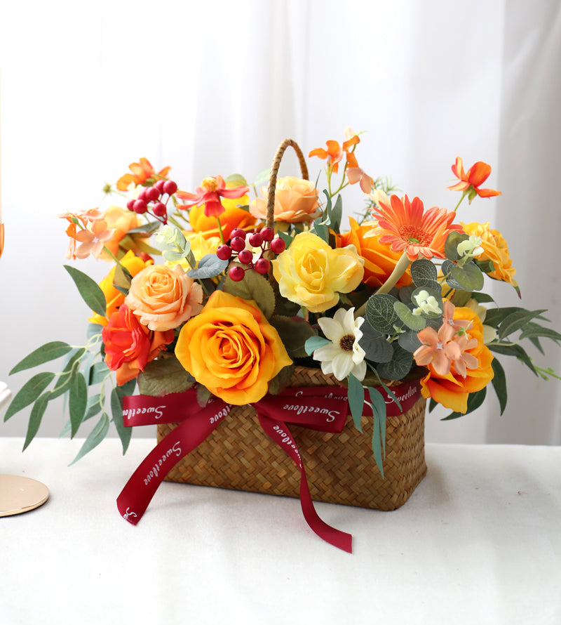 Portable Flower Rattan Basket Simulation Silk Flower Decoration Piece Garden Plus