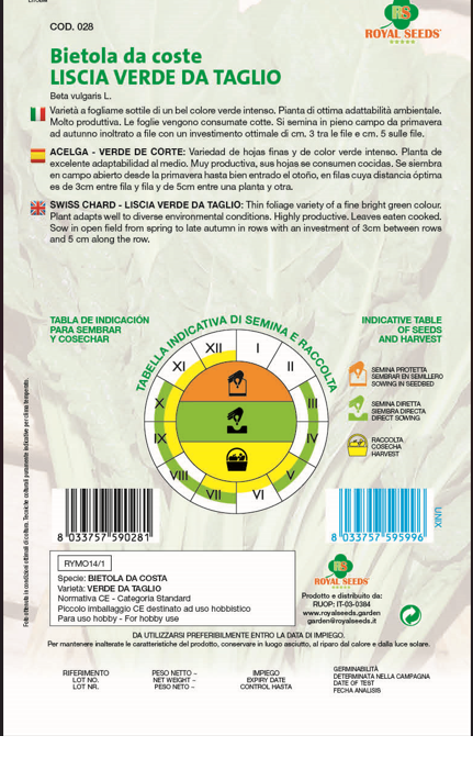 Swiss Chard - Liscia Verde Da Taglio - Royal Seed RYMO14/1 Garden Plus