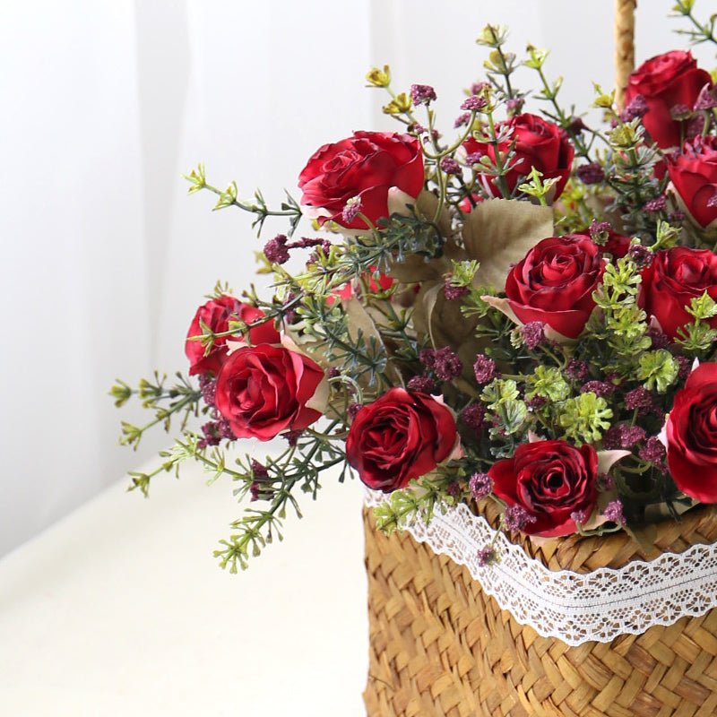 Arifical Rose Red Portable Flower Rattan Basket Table Decoration Piece Garden Plus