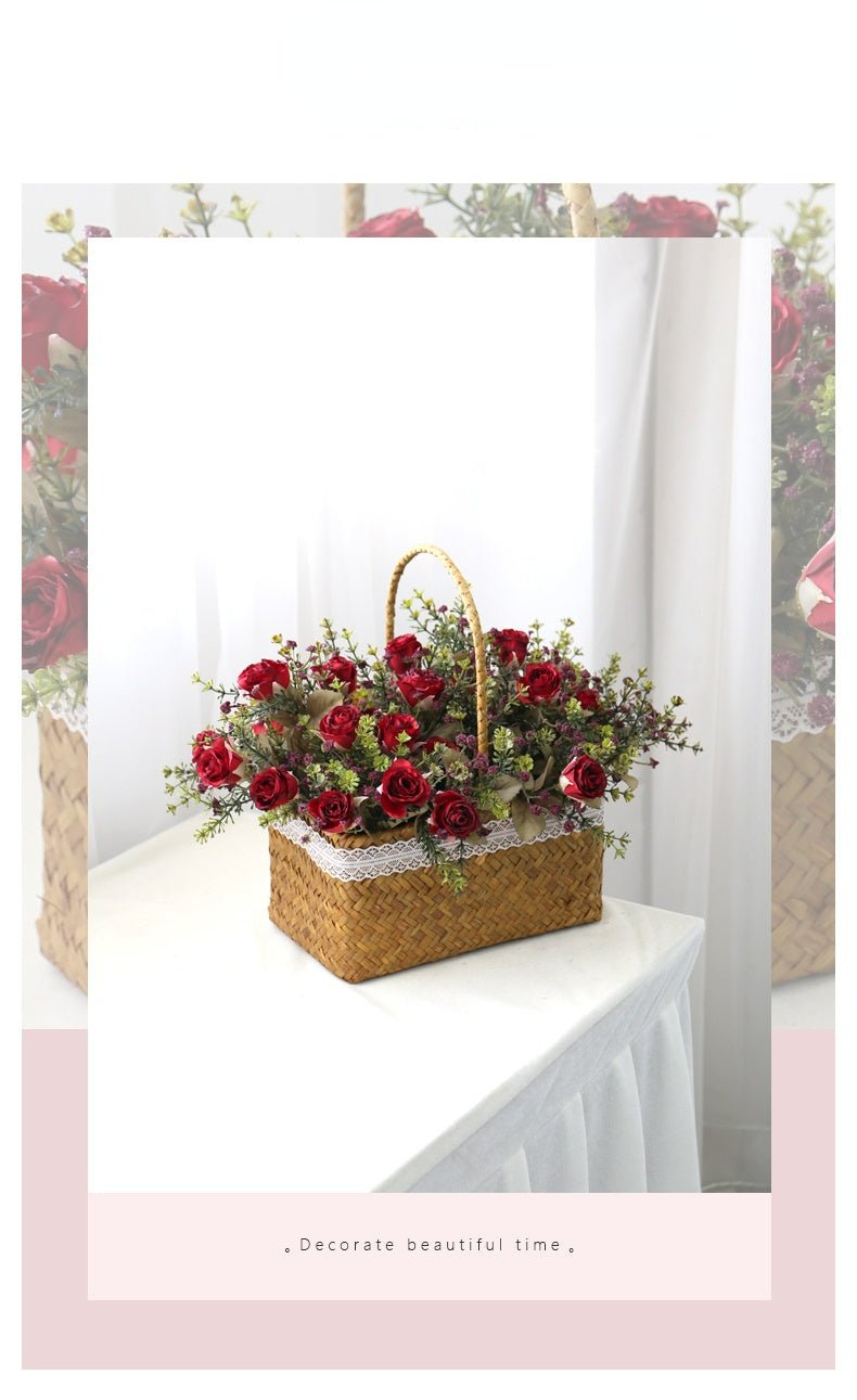 Arifical Rose Red Portable Flower Rattan Basket Table Decoration Piece Garden Plus