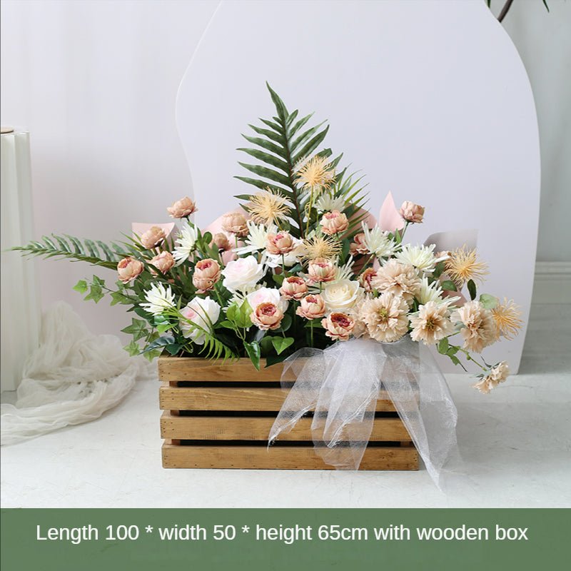 Artificial Wooden Box Silk Flower Ornament Decoration Piece Garden Plus