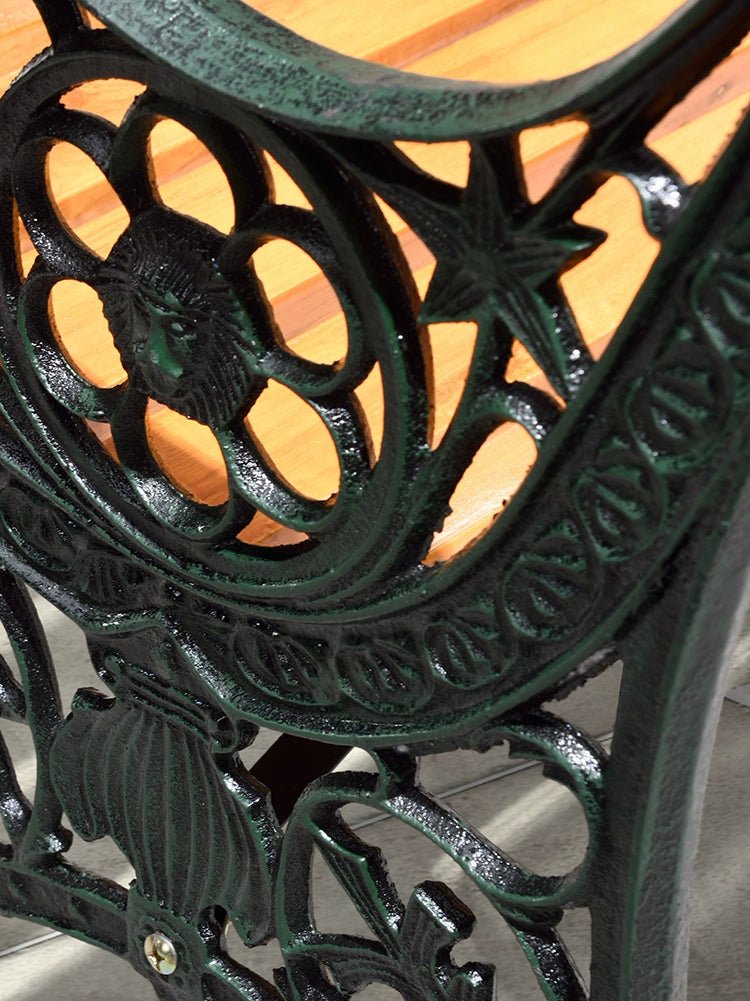 a close up of a bench with a wooden seat